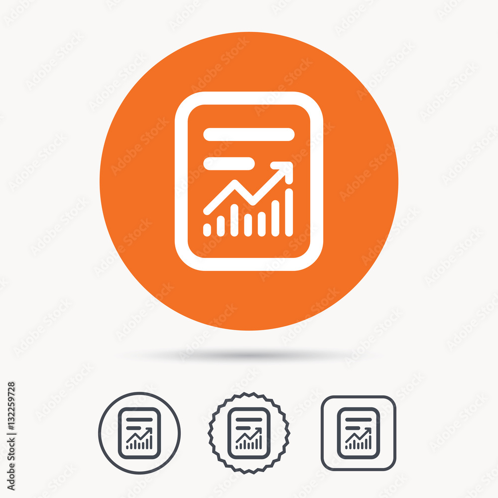 Report file icon. Document page with statistics symbol. Orange circle button with web icon. Star and square design. Vector Report file icon. Document page with statistics symbol. Orange circle button with web icon. Star and square design. Vector