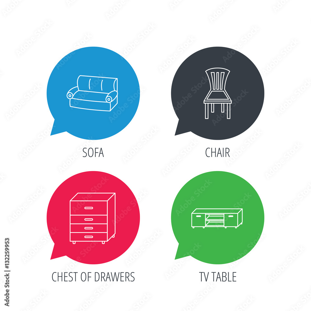 Colored speech bubbles. Sofa, chair and chest of drawers icons. TV table linear sign. Flat web buttons with linear icons. Vector Colored speech bubbles. Sofa, chair and chest of drawers icons. TV table linear sign. Flat web buttons with linear icons. Vector
