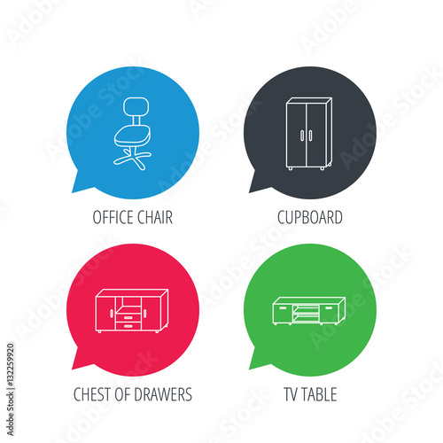 Colored speech bubbles. Cupboard, TV table and office chair icons. Chest of drawers linear sign. Flat web buttons with linear icons. Vector
