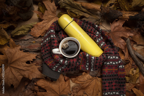Outdoor picnic in the yellow leaves with cup of coffee and thermos with cookies. Hot drink in cold weather.