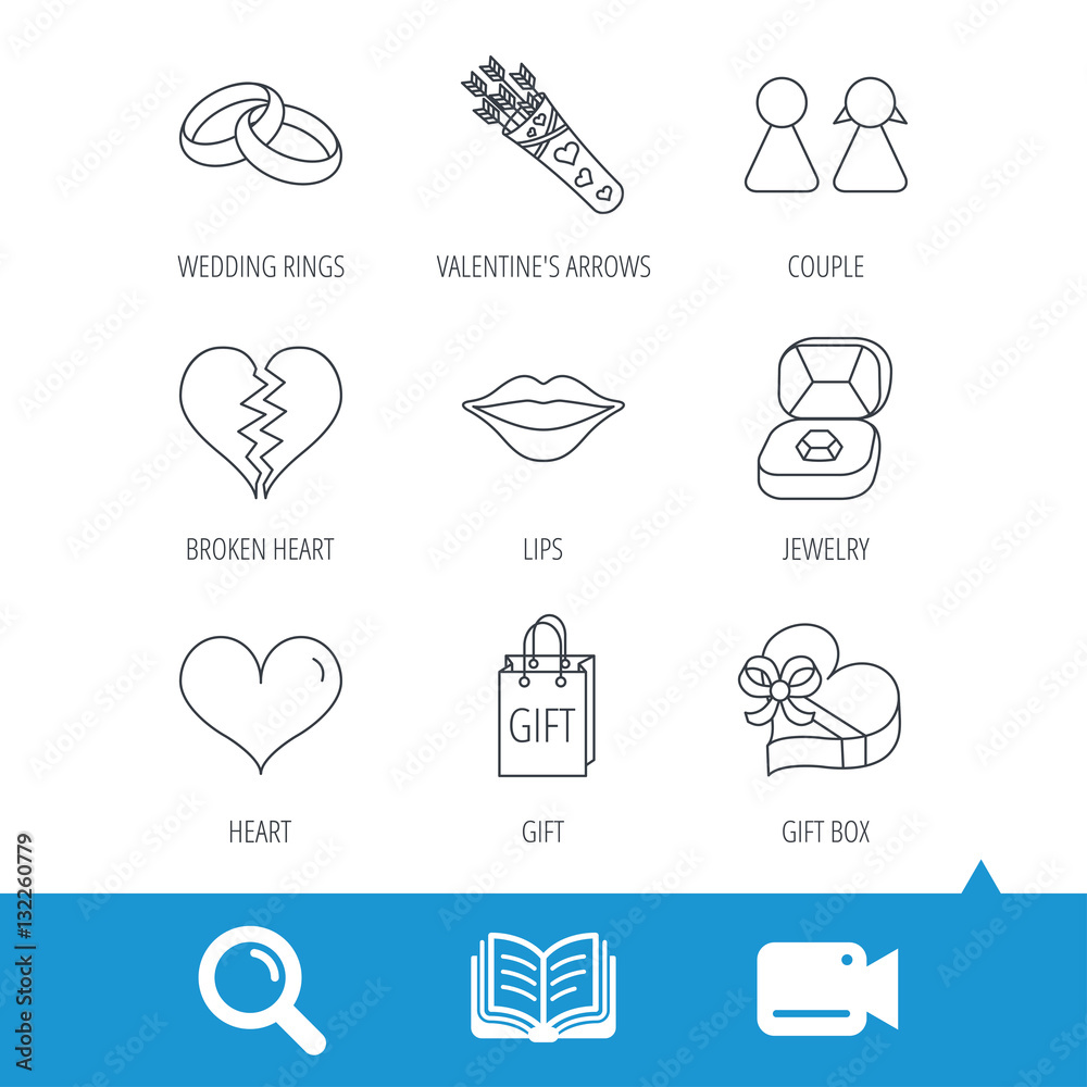 Love heart, kiss and wedding rings icons. Broken heart, couple and gift box linear signs. Valentine amour arrows flat line icons. Video cam, book and magnifier search icons. Vector Love heart, kiss and wedding rings icons. Broken heart, couple and gift box linear signs. Valentine amour arrows flat line icons. Video cam, book and magnifier search icons. Vector