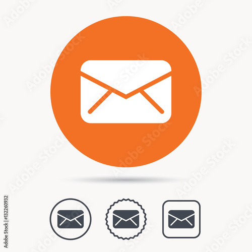 Envelope icon. Send email message sign. Internet mailing symbol. Orange circle button with web icon. Star and square design. Vector