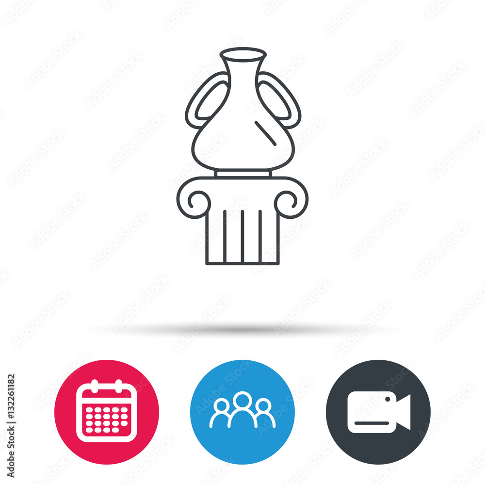 Museum icon. Antique vase on pillar sign. Group of people, video cam and calendar icons. Vector Museum icon. Antique vase on pillar sign. Group of people, video cam and calendar icons. Vector