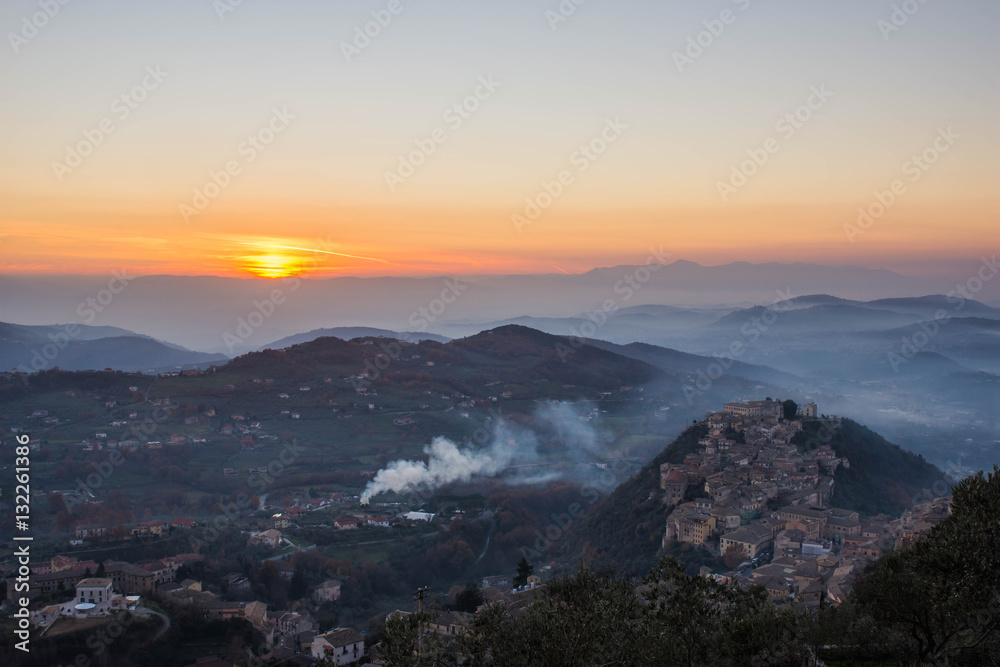 Obraz premium Arpino at sunset, as seen from Acropolis of Civitavecchia di Arpino, Ciociaria, Italy
