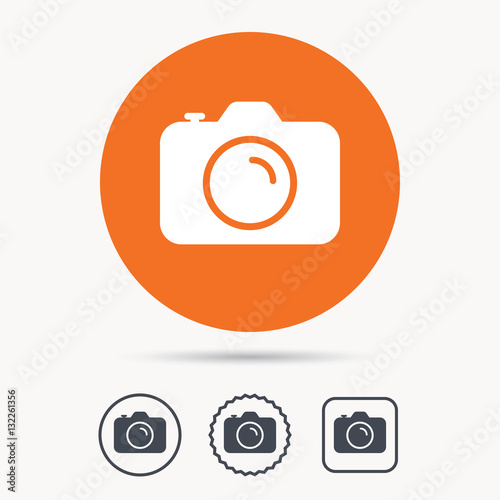 Camera icon. Professional photocamera symbol. Orange circle button with web icon. Star and square design. Vector