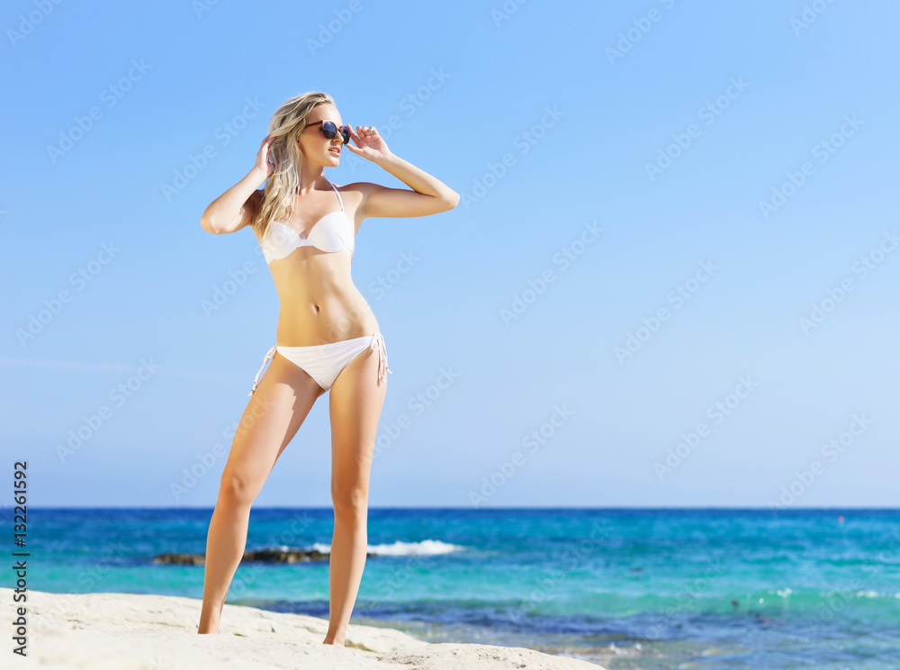 Young woman in a sexy bikini posing on the beach