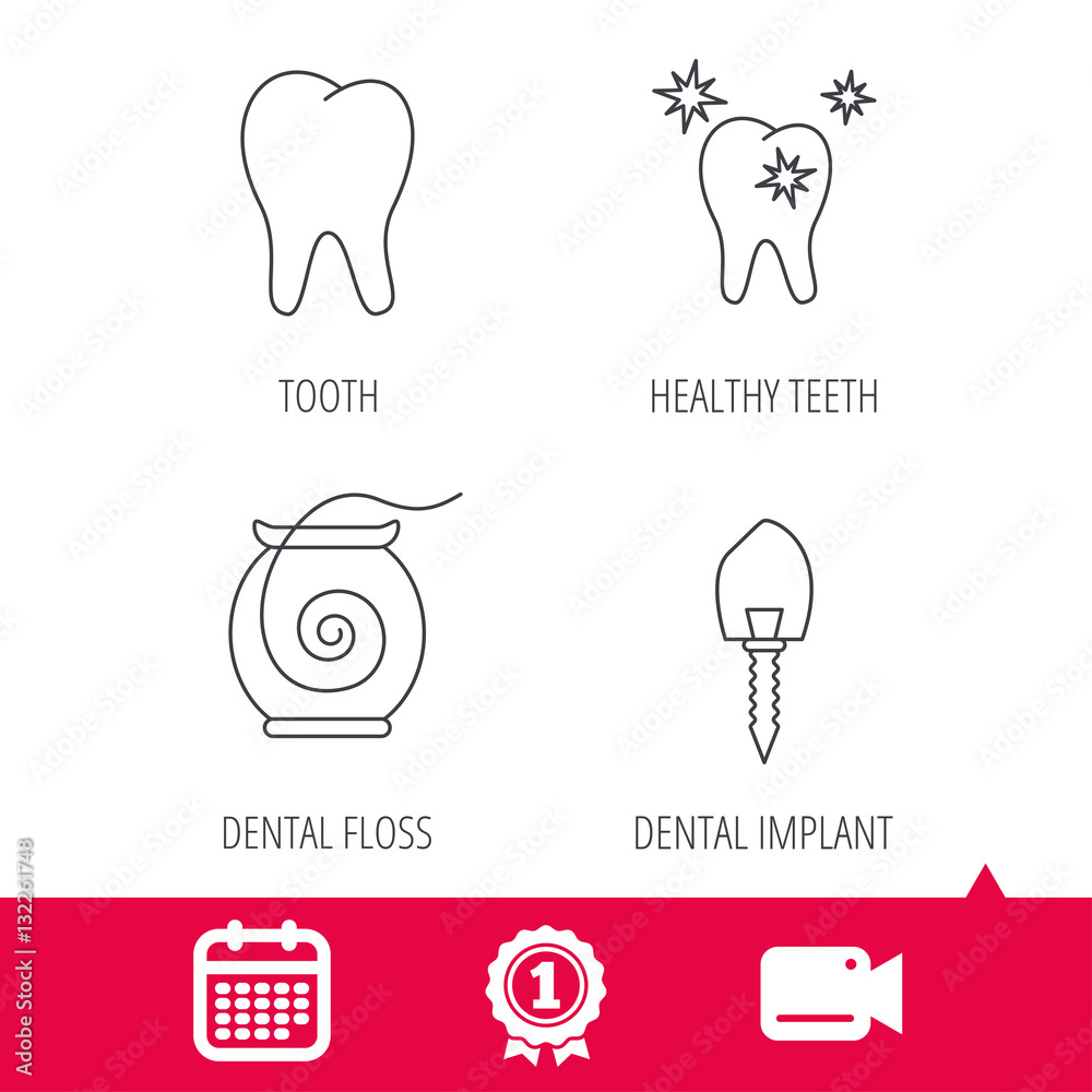 Achievement and video cam signs. Tooth, healthy teeth and dental implant icons. Dental floss linear sign. Calendar icon. Vector