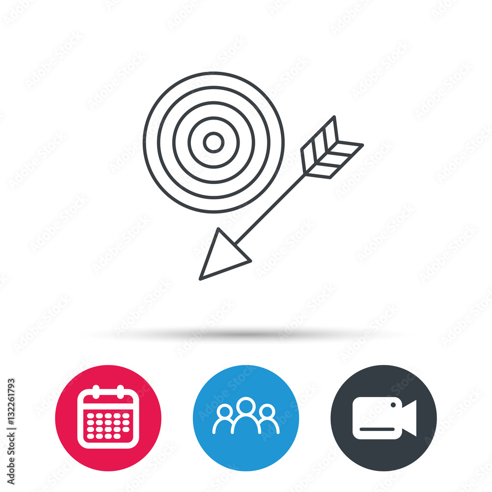 Target with arrow icon. Dart aim sign. Group of people, video cam and calendar icons. Vector Target with arrow icon. Dart aim sign. Group of people, video cam and calendar icons. Vector