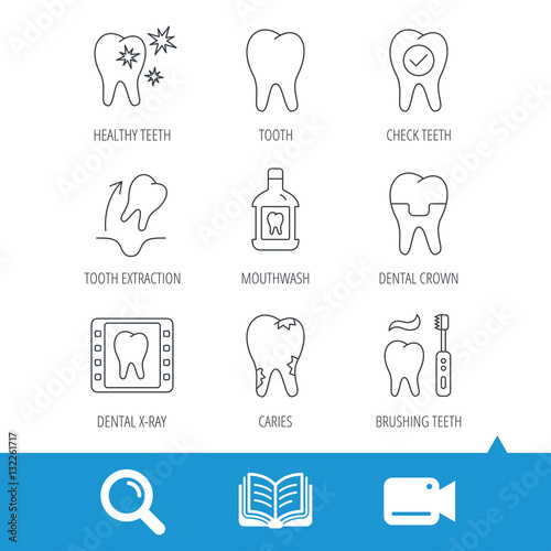 Tooth, dental crown and mouthwash icons. Caries, tooth extraction and hygiene linear signs. Brushing teeth flat line icon. Video cam, book and magnifier search icons. Vector