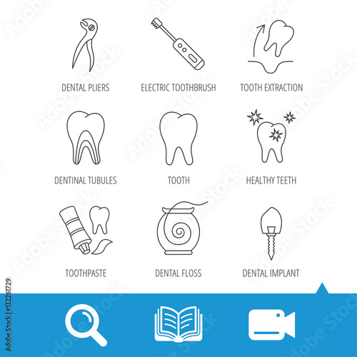 Tooth extraction, electric toothbrush icons. Dental implant, floss and dentinal tubules linear signs. Toothpaste icon. Video cam, book and magnifier search icons. Vector
