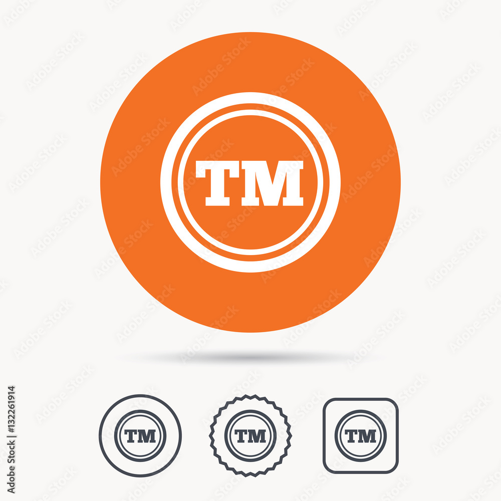 Registered TM trademark icon. Intellectual work protection symbol. Orange circle button with web icon. Star and square design. Vector Registered TM trademark icon. Intellectual work protection symbol. Orange circle button with web icon. Star and square design. Vector