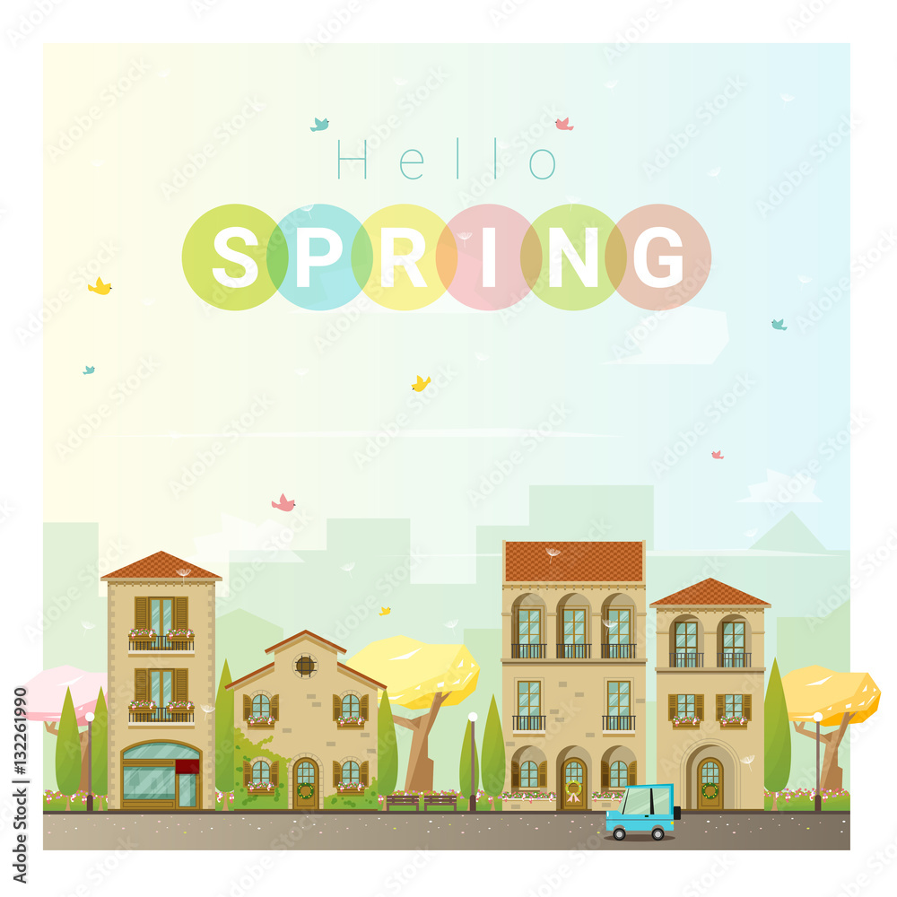 Hello spring cityscape background , vector , illustration