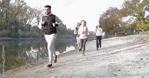 People Group Run Park Young Active Fitness Runner Exercising Outdoor Sport Man And Woman Jogging Morning Autumn Forest Slow Motion 60 Fps