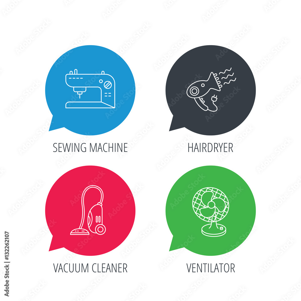 Colored speech bubbles. Ventilator, sewing machine and hairdryer icons. Ventilator linear sign. Flat web buttons with linear icons. Vector
