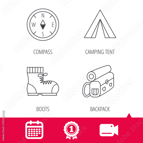 Achievement and video cam signs. Backpack, camping tent and compass icons. Boots linear sign. Calendar icon. Vector