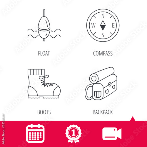 Achievement and video cam signs. Compass, fishing float and hiking boots icons. Backpack linear sign. Calendar icon. Vector
