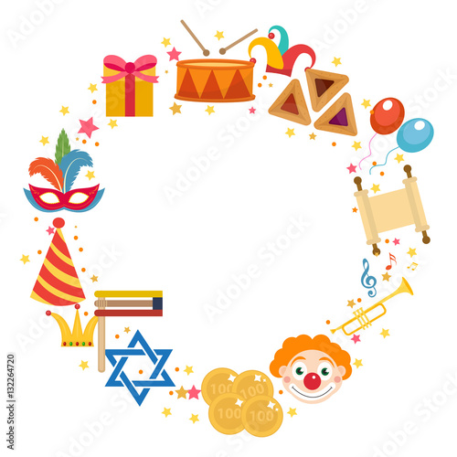 Purim frame template with space for text, isolated on white background. Vector illustration clip-art