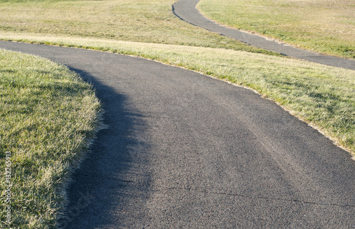 Asphalt alley among green grass fields in park in winter time