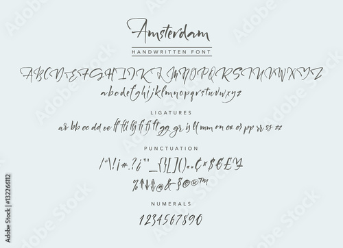 Amsterdam Handwritten script font. Brush font. Uppercase, lowercase, numbers, punctuation and a lot of ligatures