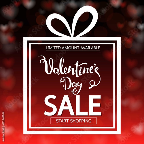 Valentine's Day sale. Square banner in form of gift. Red background with transparent hearts