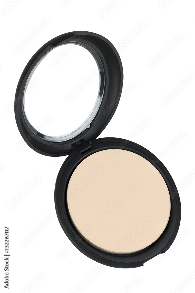 Beige face powder foundation in round big black container with transparent lid, beauty product isolated on white background, clipping path included Beige face powder foundation in round big black container with transparent lid, beauty product isolated on white background, clipping path included