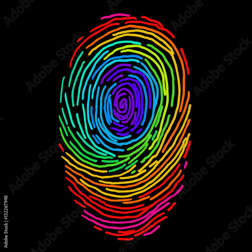 Rainbow vector fingerprint sketch. Hand drawn outline illustration with human finger print with whole spectrum colors photo