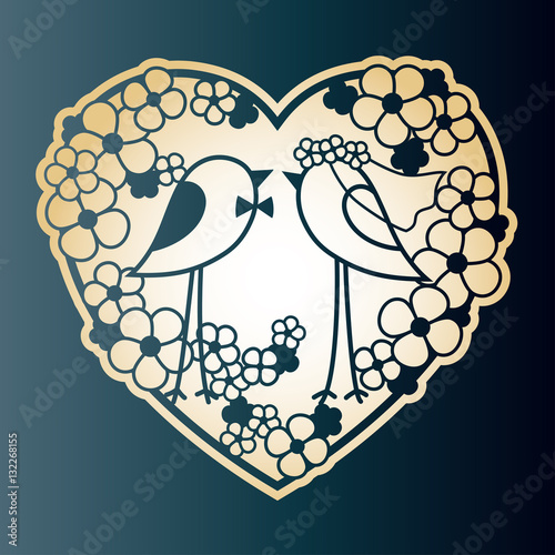 Wedding two birds among the flowers. Openwork heart wreath of flowers.
