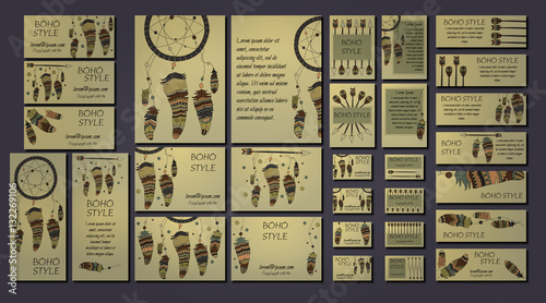 Boho design brochure and business card templates with dreamcatcher, arrow, feather tribal ethnic elements. Vector illustration.