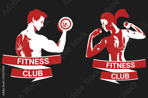 man and woman with dumbbells in hand. logo for fitness clubs