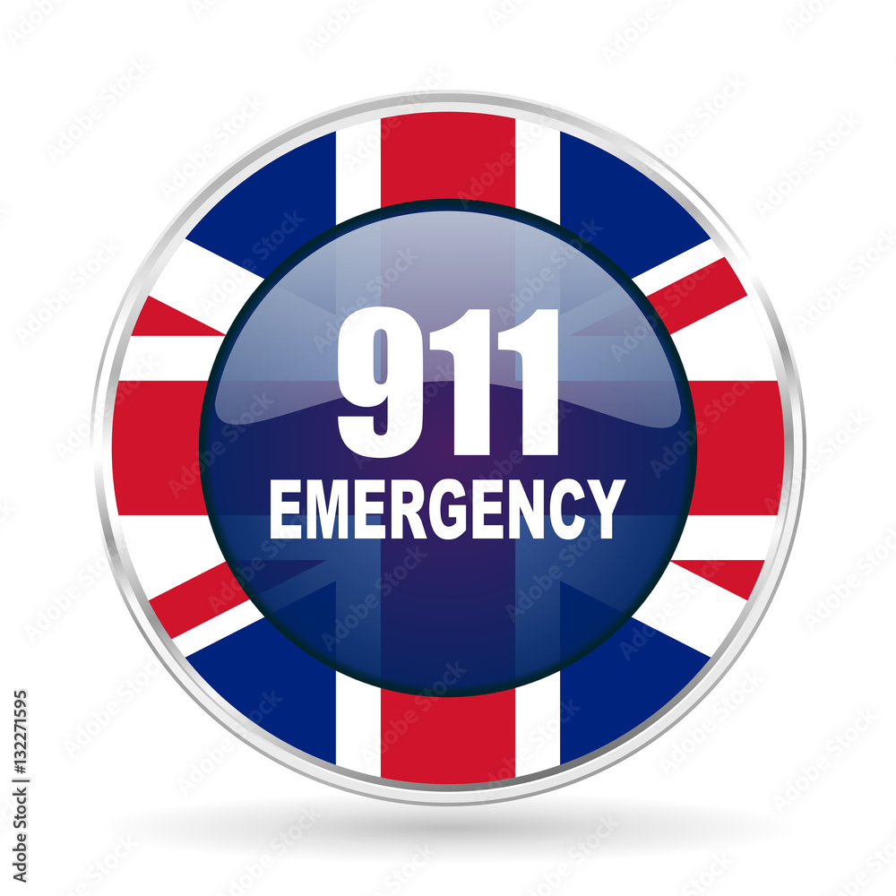 number emergency 911 british design icon - round silver metallic border button with Great Britain flag number emergency 911 british design icon - round silver metallic border button with Great Britain flag