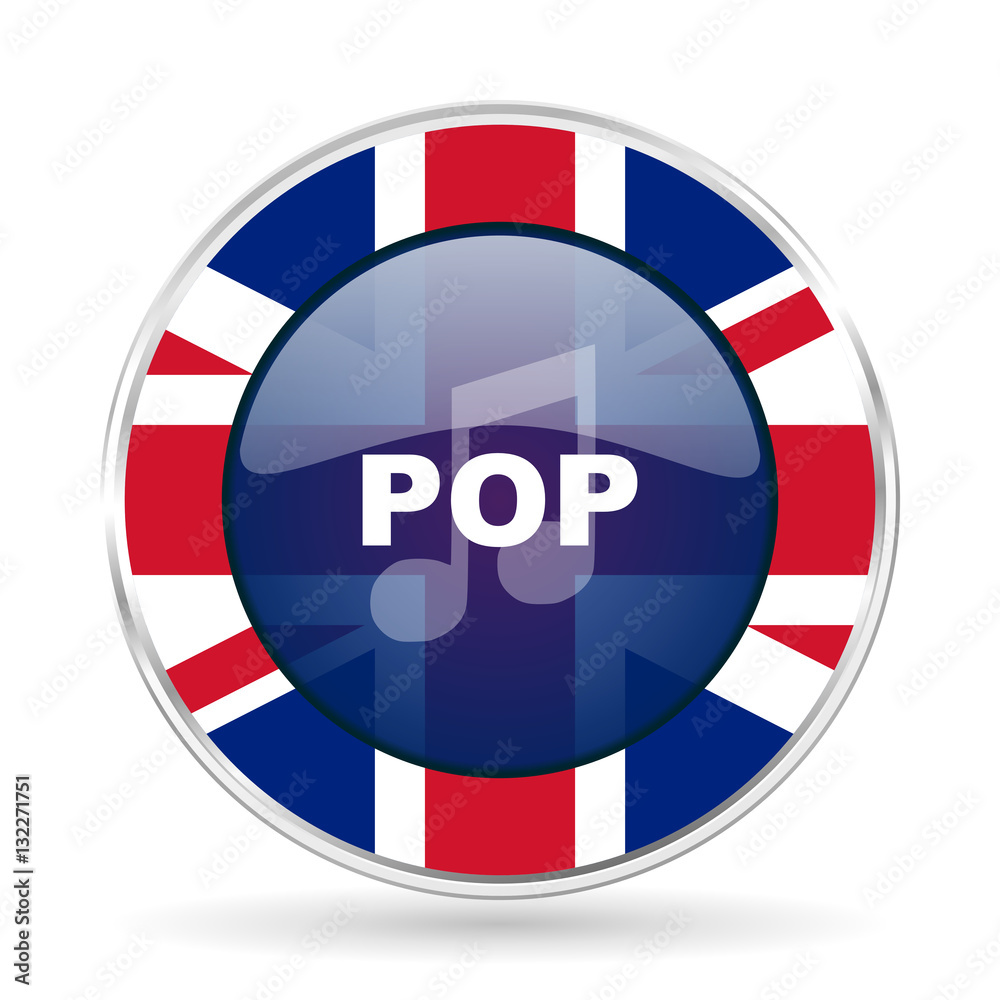 pop music british design icon - round silver metallic border button with Great Britain flag pop music british design icon - round silver metallic border button with Great Britain flag