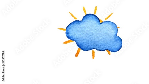 Yellow suns and blue clouds. Hand painted watercolor illustration on transparent background.