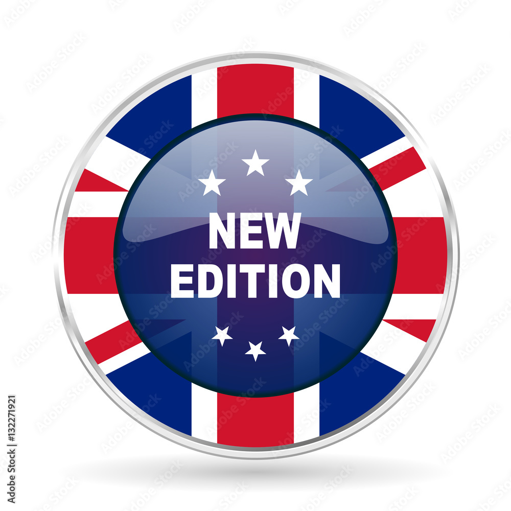 new edition british design icon - round silver metallic border button with Great Britain flag new edition british design icon - round silver metallic border button with Great Britain flag