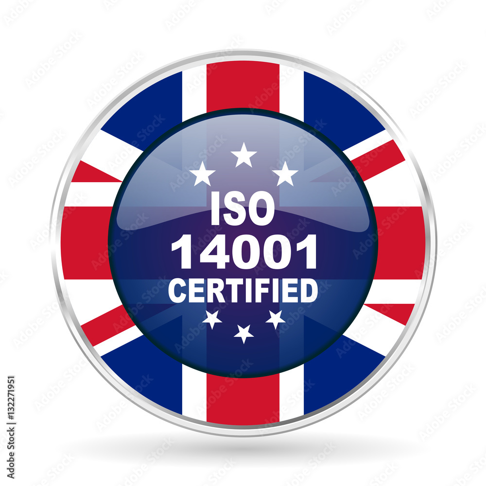 iso 14001 british design icon - round silver metallic border button with Great Britain flag iso 14001 british design icon - round silver metallic border button with Great Britain flag