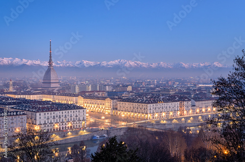 Turin, high definition panorama at blue hour with Mole Antonelliana Piazza Vittorio and the Alps in the background