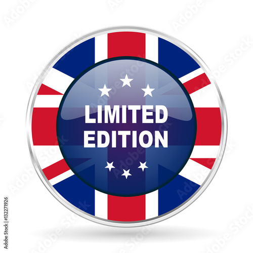 limited edition british design icon - round silver metallic border button with Great Britain flag