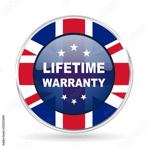 lifetime warranty british design icon - round silver metallic border button with Great Britain flag