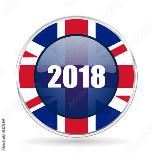 new year 2018 british design icon - round silver metallic border button with Great Britain flag