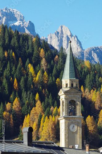 Autumn in Comelico, the church of Padola and Mt. Popera photo