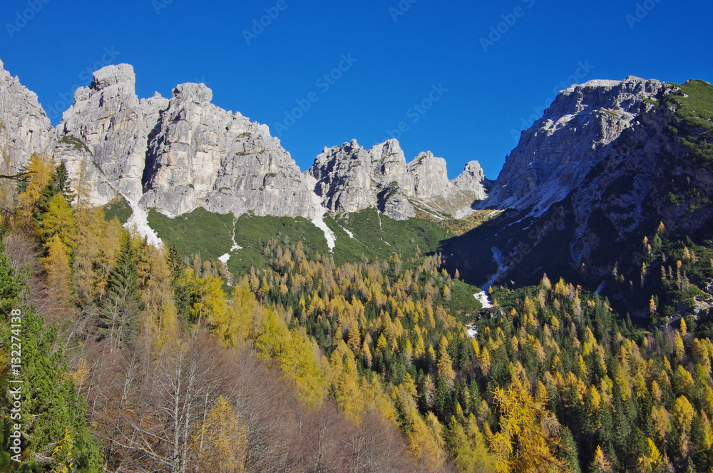 View of Val Campestrin and Sassolungo di Cibiana. Dolomites.