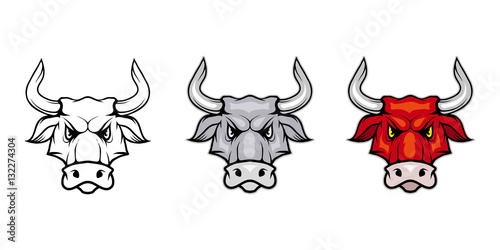 Bull, isolated on white background, colour and black white illustration, suitable as logo or team mascot