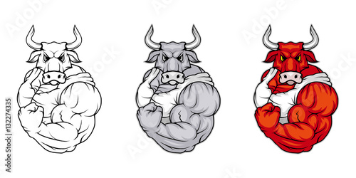 Bull, isolated on white background, colour and black white illustration, suitable as logo or team mascot