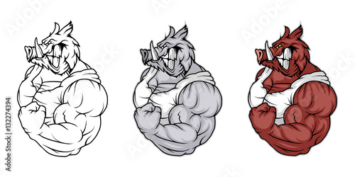 Wild Boar, isolated on white background, colour and black white illustration, suitable as logo or team mascot
