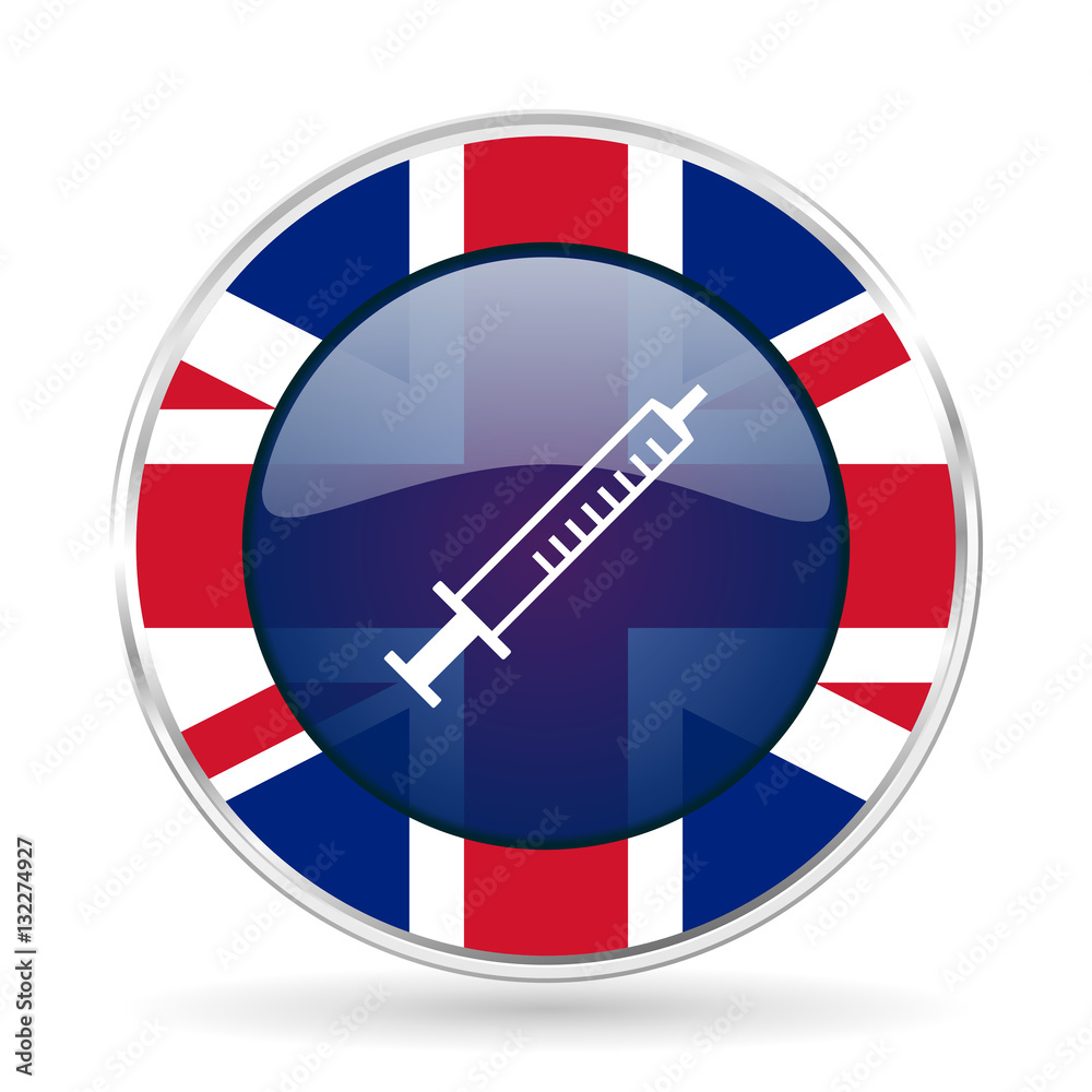 medicine british design icon - round silver metallic border button with Great Britain flag medicine british design icon - round silver metallic border button with Great Britain flag