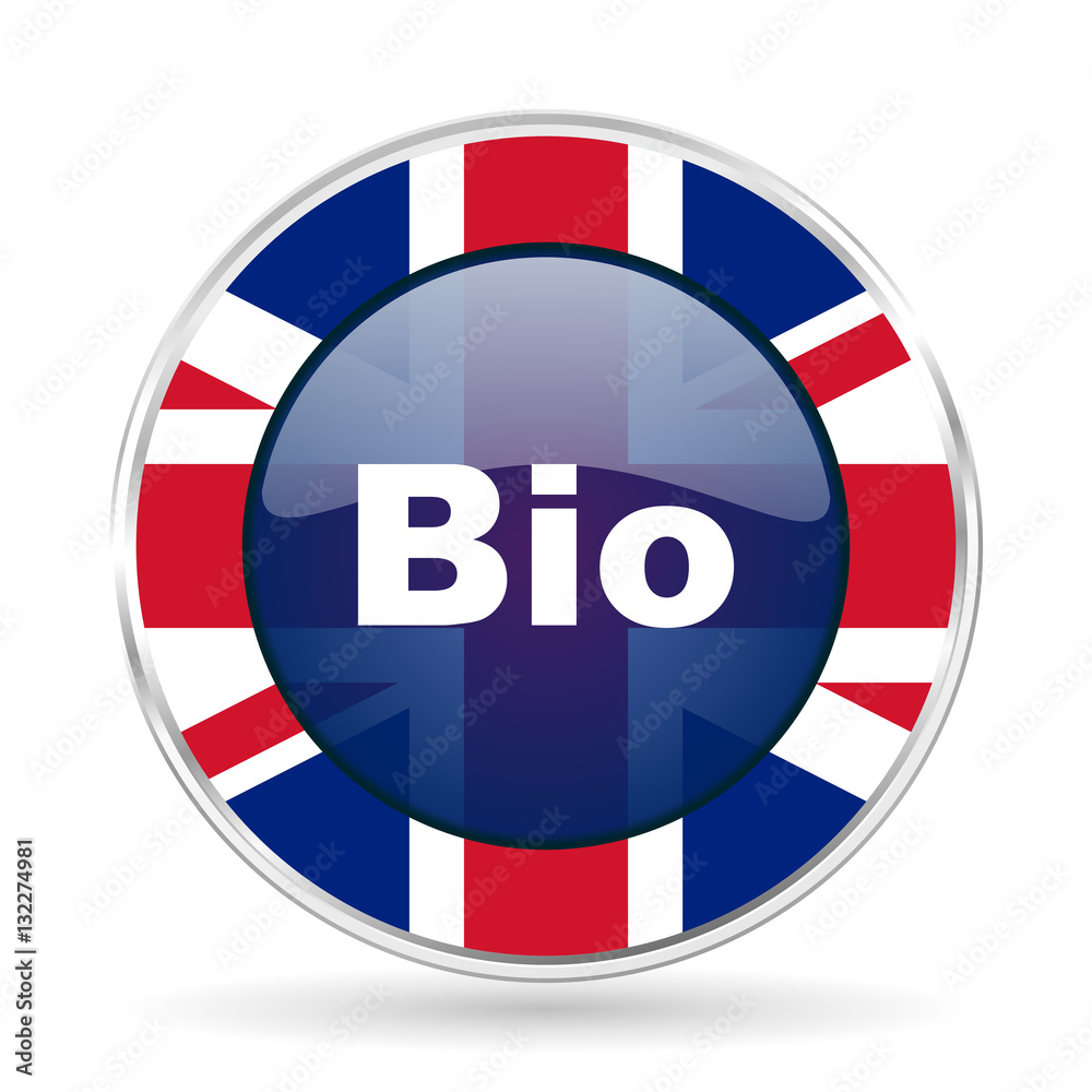 bio british design icon - round silver metallic border button with Great Britain flag