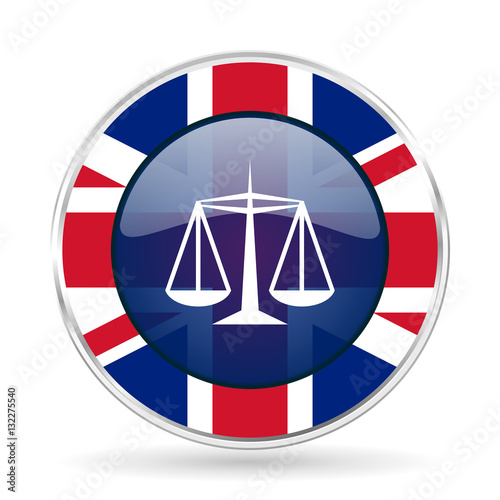 justice british design icon - round silver metallic border button with Great Britain flag