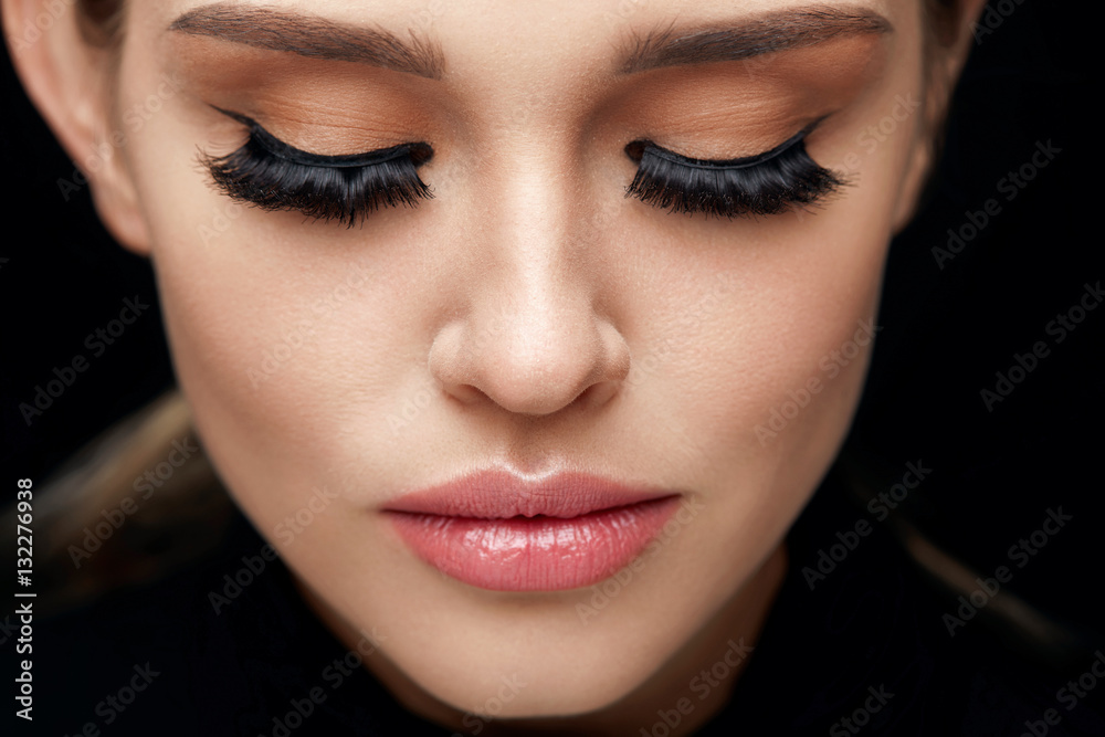 Beautiful Woman With Face Makeup And Long Black Eyelashes Beautiful Woman With Face Makeup And Long Black Eyelashes