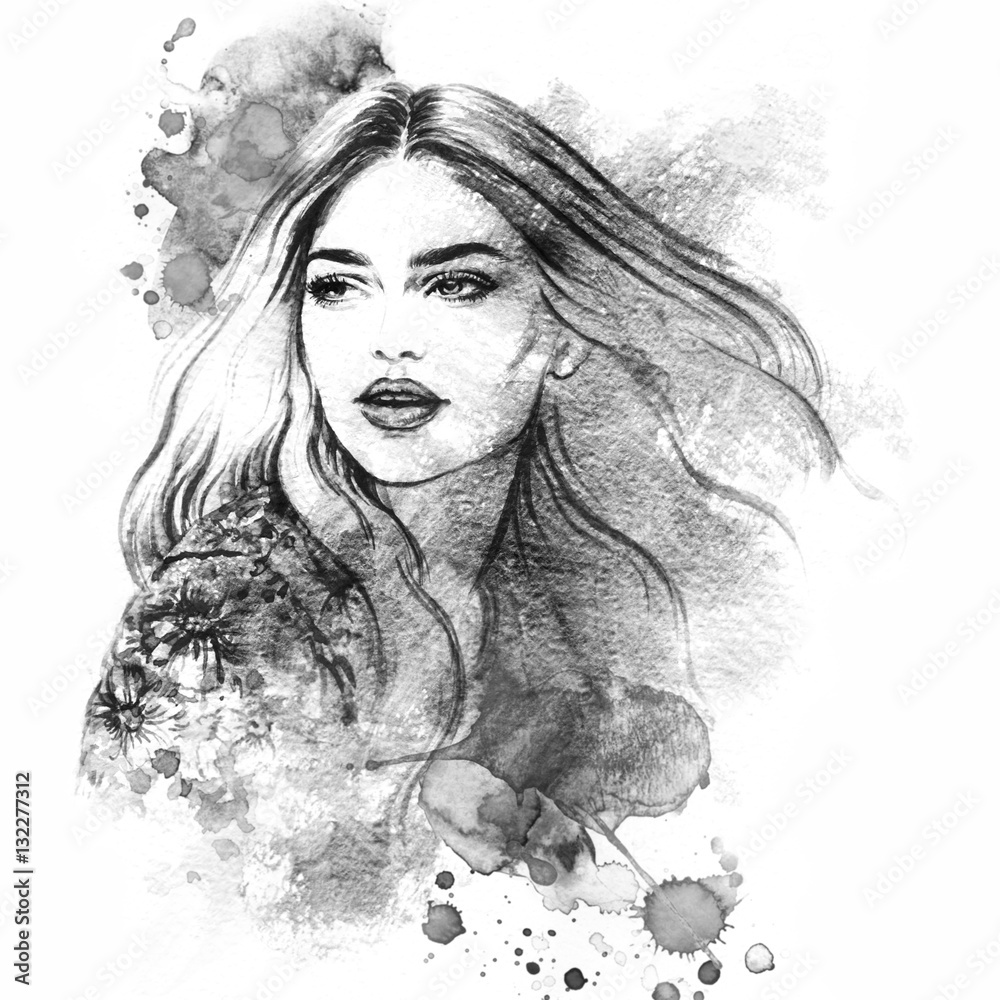 Fototapeta premium Beautiful woman portrait. Abstract fashion watercolor illustration