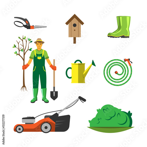 Garden equipment flat set vector.
