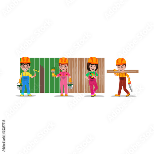 Kids builders characters vector illustration